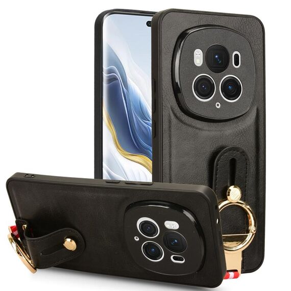 Custodia per telefono posteriore in pelle con cinturino per Honor Magic6 Pro (nera)