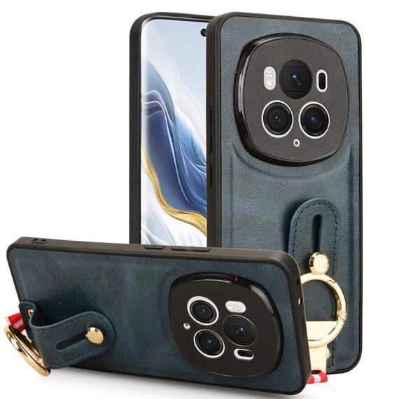 Custodia per telefono posteriore in pelle con cinturino per Honor Magic6 Pro (blu)