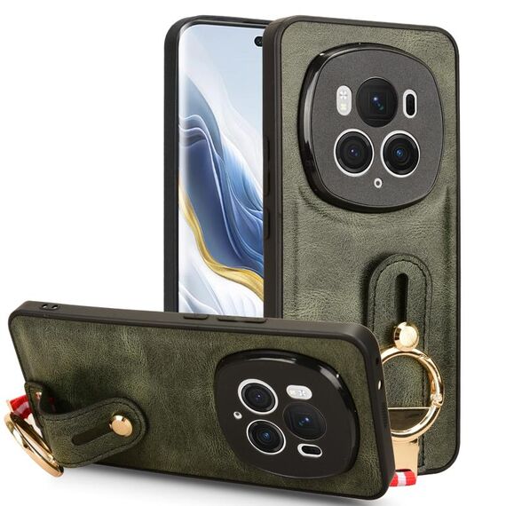 Custodia per telefono posteriore in pelle con cinturino per Honor Magic6 Pro (verde)