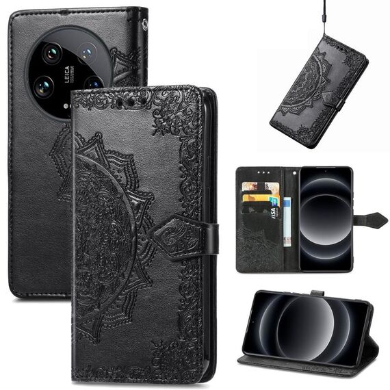 Custodia per telefono in pelle goffrata con fiori Ultra Mandala per Xiaomi 14 (nera)