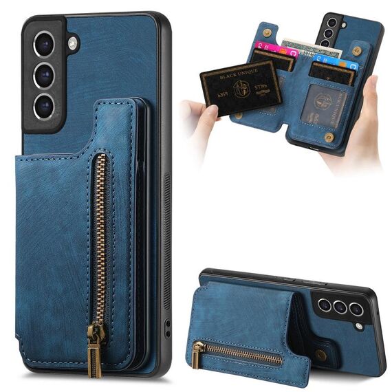 Custodia per telefono posteriore con cerniera in pelle retrò per Samsung Galaxy S23+ 5G (blu)