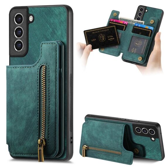 Custodia per telefono posteriore con cerniera in pelle retrò per Samsung Galaxy S23+ 5G (verde)