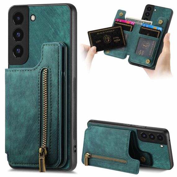 Custodia per telefono posteriore con cerniera in pelle retrò per Samsung Galaxy S22+ 5G (verde)