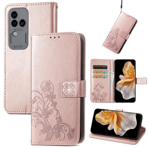 Custodia per telefono in pelle goffrata con chiusura a quattro foglie per vivo S18 Pro (oro rosa)
