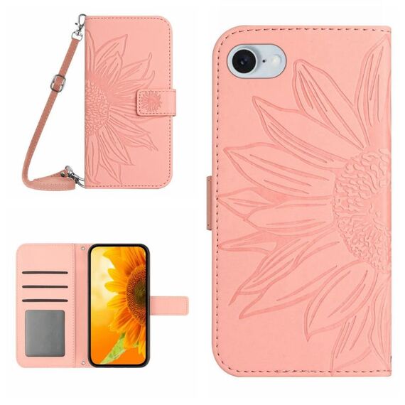 Per iPhone SE 2024 Skin Feel Custodia per cellulare in pelle con motivo Sun Flower goffrato con cordino (rosa)