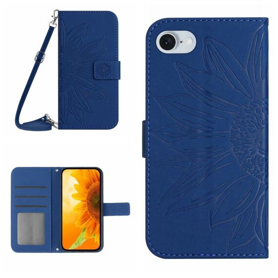 Per iPhone SE 2024 Custodia per telefono in pelle Flip in pelle con motivo Sun Flower in rilievo con cordino (blu scuro)