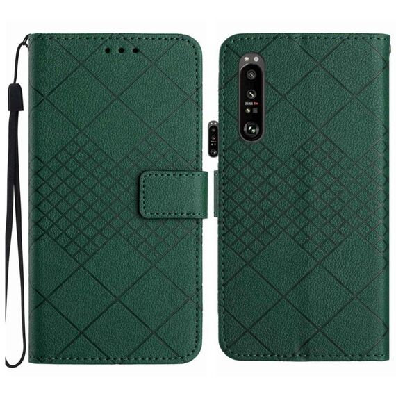 Custodia per telefono in pelle con texture a griglia rombica per Sony Xperia 1 VI (verde)