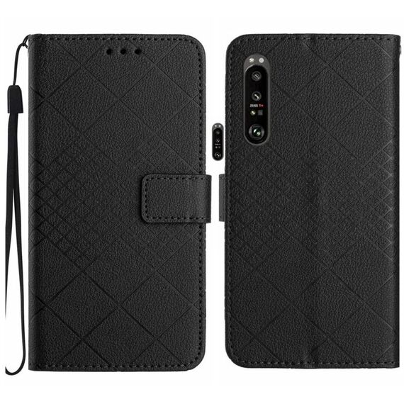 Custodia in pelle per Sony Xperia 1 VI con struttura a griglia rombica (nera)