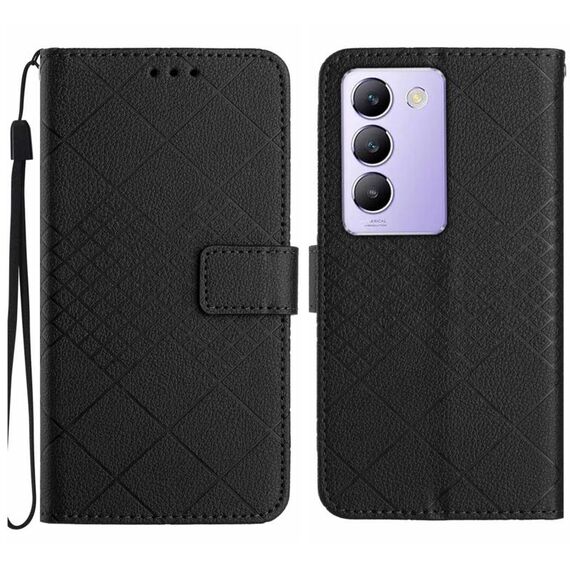 Per vivo Y200e 5G/Y100 5G IDN/V30 Lite 5G India Custodia per telefono in pelle con struttura a griglia rombica (nero)