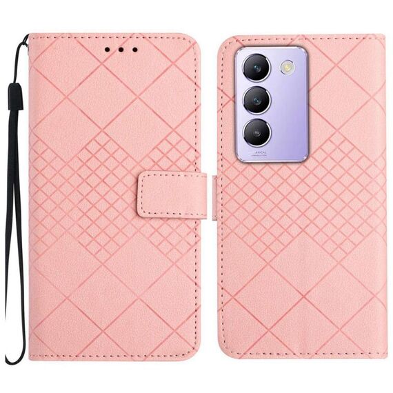 Per vivo Y200e 5G/Y100 5G IDN/V30 Lite 5G India Custodia per telefono in pelle con struttura a griglia rombica (rosa)