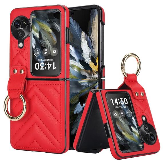 Per OPPO Find N3 Flip Custodia per telefono con supporto ad anello in TPU ibrido PU a forma di V (rosso)