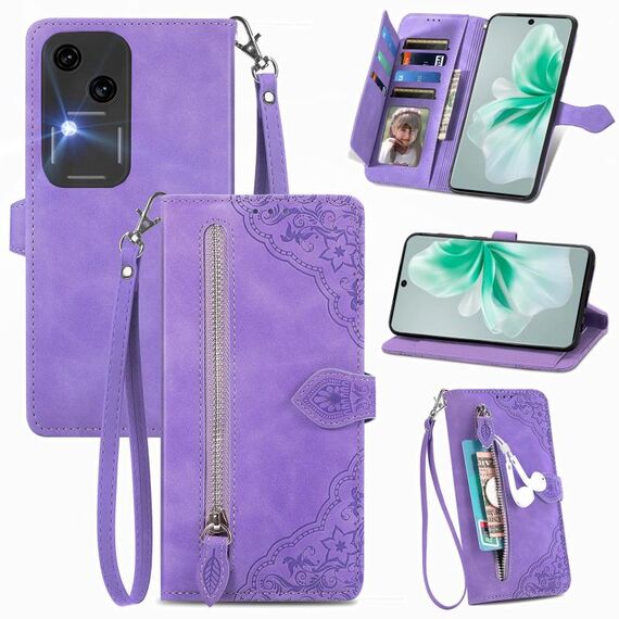 Custodia per telefono in pelle con cerniera fiore in rilievo per vivo S18 (viola)