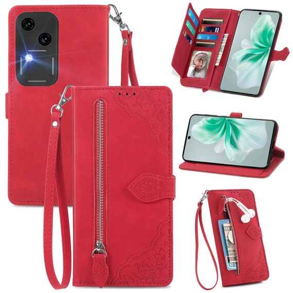 Custodia per telefono in pelle con cerniera fiore goffrato per vivo S18 (rossa)