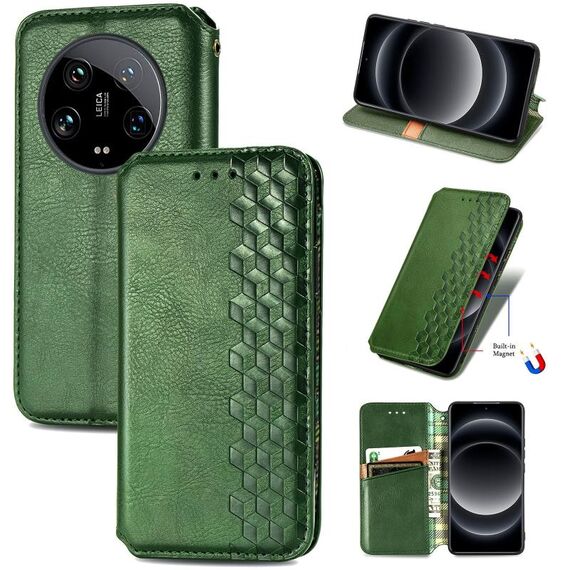 Per Xiaomi 14 Custodia per telefono in pelle magnetica pressata a griglia ultra cubica (verde)