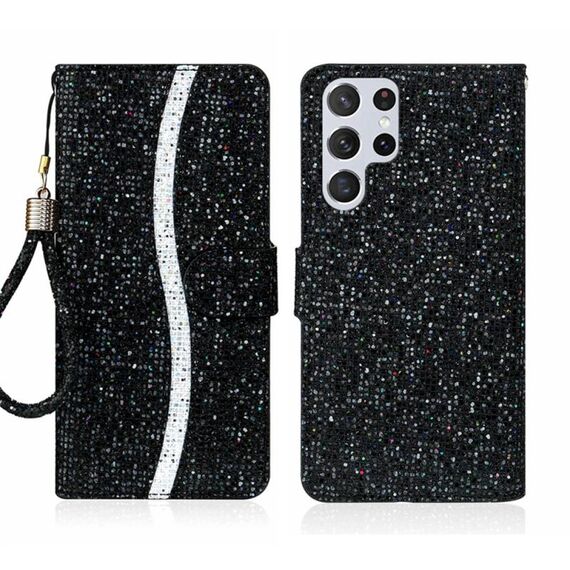 Custodia per cellulare in pelle con polvere glitterata per Samsung Galaxy S24 Ultra 5G (nera)