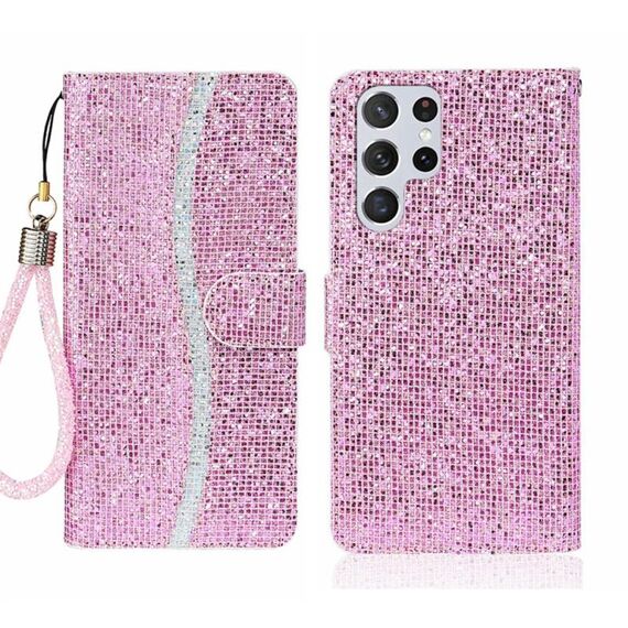 Custodia per telefono in pelle Filp con polvere glitterata per Samsung Galaxy S24 Ultra 5G (rosa)