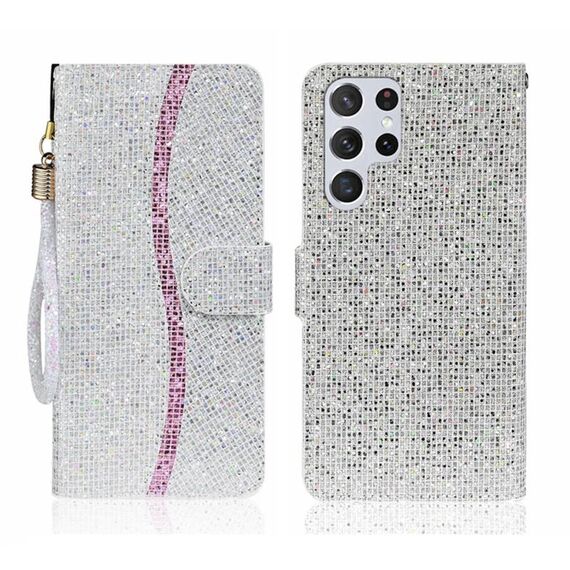 Custodia per cellulare in pelle con polvere glitterata per Samsung Galaxy S24 Ultra 5G (argento)