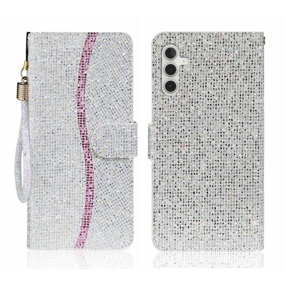 Custodia per telefono in pelle Filp con polvere glitterata per Samsung Galaxy S24+ 5G (argento)
