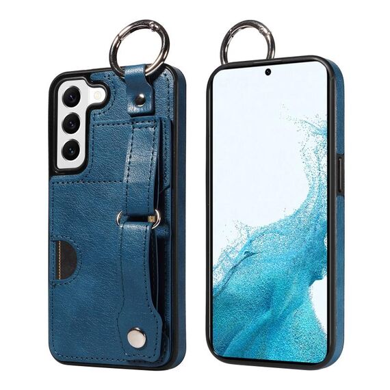 Per Samsung Galaxy S22 5G Custodia per telefono con anello per slot per schede da polso con texture in vitello (blu)