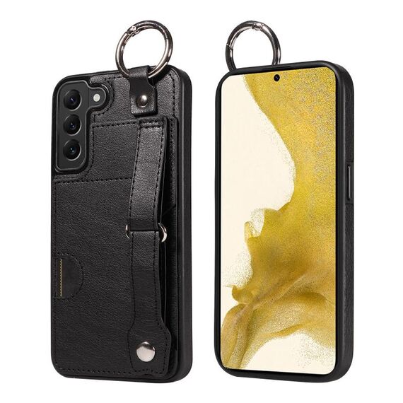 Per Samsung Galaxy S22+ 5G Custodia per telefono con anello per slot per schede da polso con texture in vitello (Nero)