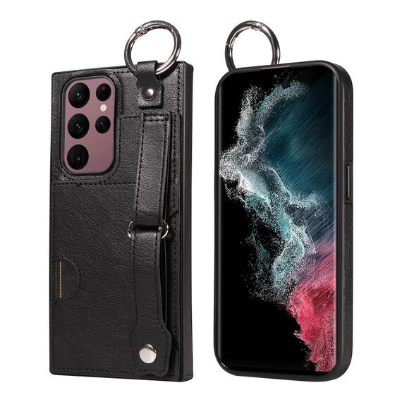 Per Samsung Galaxy S22 Ultra 5G Custodia per telefono con anello per slot per schede da polso con texture in vitello (Nero)