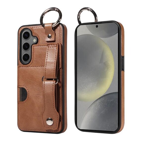 Per Samsung Galaxy S24+ 5G Custodia per telefono con anello per slot per schede da polso con texture in vitello (marrone)