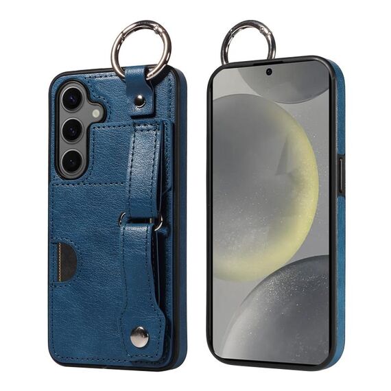 Per Samsung Galaxy S24+ 5G Custodia per telefono con anello per slot per schede da polso con texture in vitello (blu)