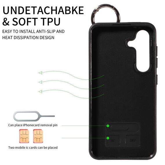 Per Samsung Galaxy S24+ 5G Custodia per telefono con anello per slot per schede da polso con texture in vitello (Nero)