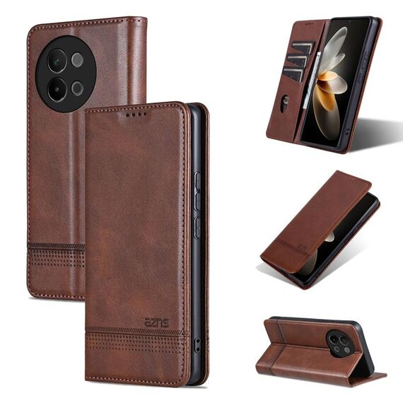 Custodia per telefono in pelle magnetica con texture di vitello AZNS per vivo S18e (marrone scuro)