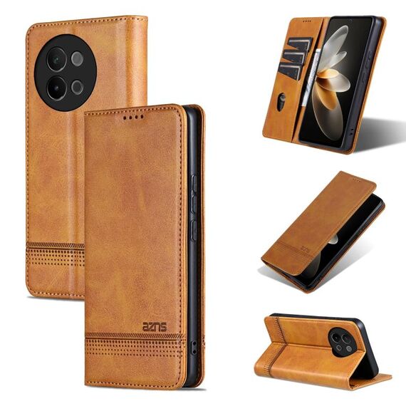 Custodia per telefono in pelle magnetica con texture di vitello AZNS per vivo S18e (marrone chiaro)
