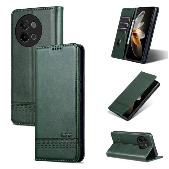 Custodia per telefono in pelle magnetica con texture di vitello AZNS per vivo S18e (verde scuro)