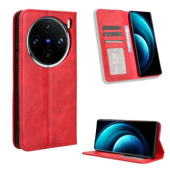Custodia per telefono in pelle con texture retrò con fibbia magnetica per vivo X100 5G (rossa)
