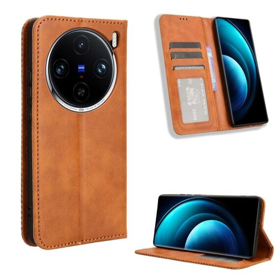 Custodia per telefono in pelle con texture retrò con fibbia magnetica per vivo X100 5G (marrone)
