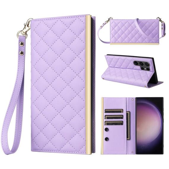 Custodia per telefono in pelle con ventosa rombica a tracolla per Samsung Galaxy S24 Ultra 5G (viola)