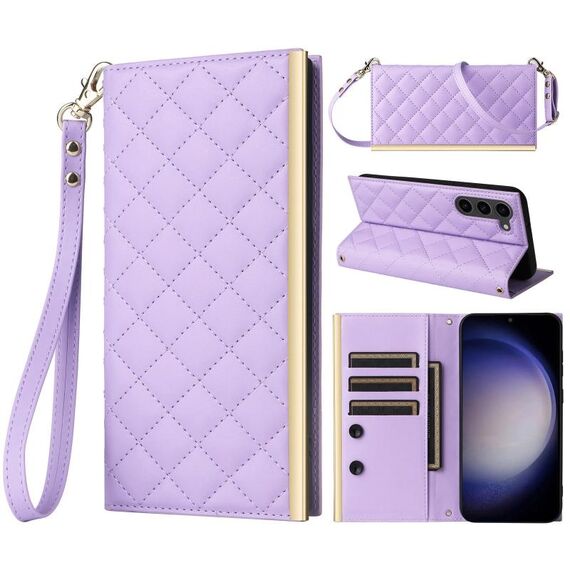 Custodia per telefono in pelle con ventosa rombica a tracolla per Samsung Galaxy S23+ 5G (viola)