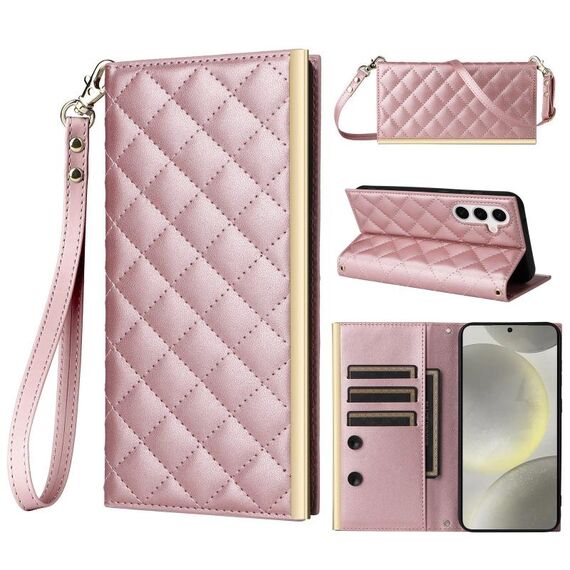 Custodia per telefono in pelle con ventosa rombica a tracolla per Samsung Galaxy S23 FE 5G (oro rosa)