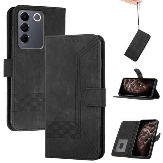 Per vivo V27 5G Global/V27 Pro 5G Global Cubic Skin Feel Custodia in pelle con vibrazione (Nero)