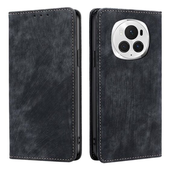 Custodia per telefono in pelle magnetica con spazzola antifurto RFID per Honor Magic6 Pro (nera)