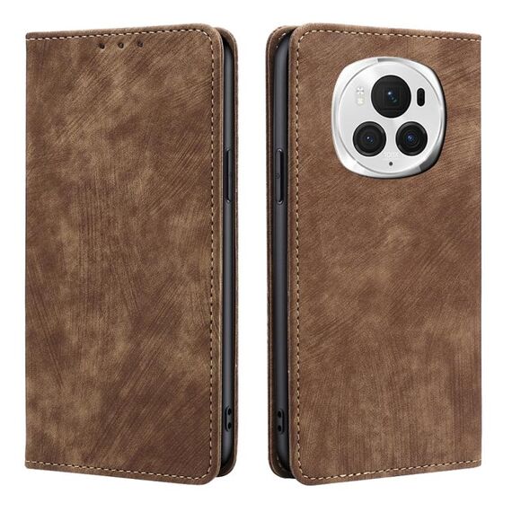 Custodia per telefono in pelle magnetica con spazzola antifurto RFID per Honor Magic6 Pro (marrone)