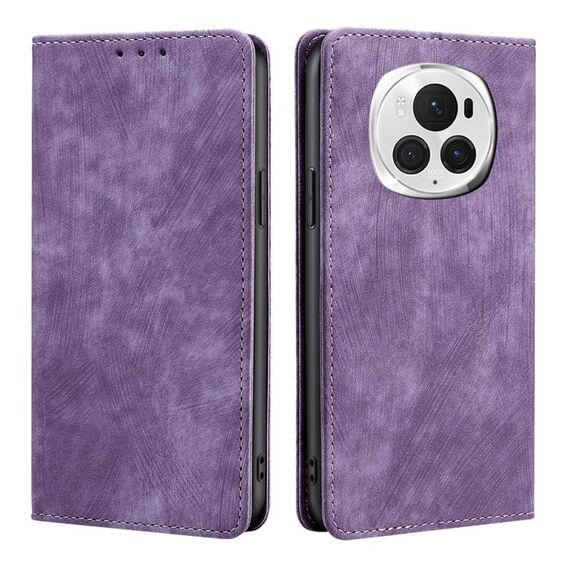 Custodia per telefono in pelle magnetica con spazzola antifurto RFID per Honor Magic6 Pro (viola)