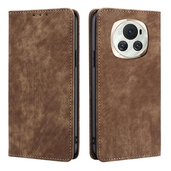 Custodia per telefono in pelle magnetica con spazzola antifurto RFID per Honor Magic6 (marrone)