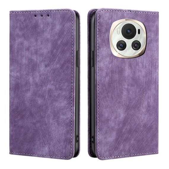 Custodia per telefono in pelle magnetica con spazzola antifurto RFID per Honor Magic6 (viola)