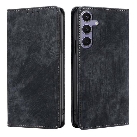 Custodia per telefono in pelle magnetica con spazzola antifurto RFID per Samsung Galaxy S24+ 5G (nera)