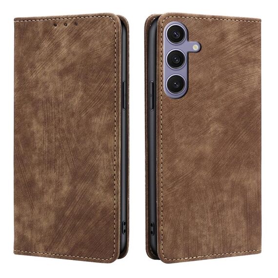 Custodia per telefono in pelle magnetica con spazzola antifurto RFID per Samsung Galaxy S24+ 5G (marrone)