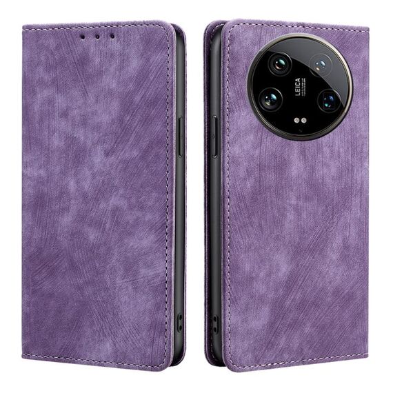 Custodia per telefono in pelle magnetica con spazzola antifurto RFID Xiaomi 14 Ultra 5G (viola)