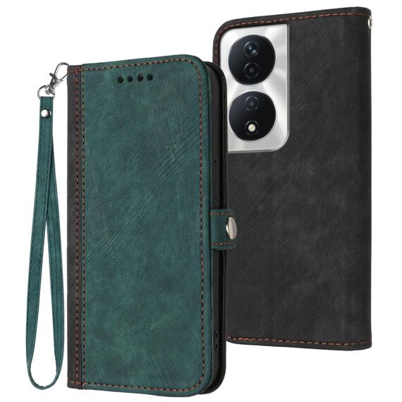 Custodia per telefono in pelle con cinturino a mano con doppia fibbia laterale per Honor X7b (verde scuro)