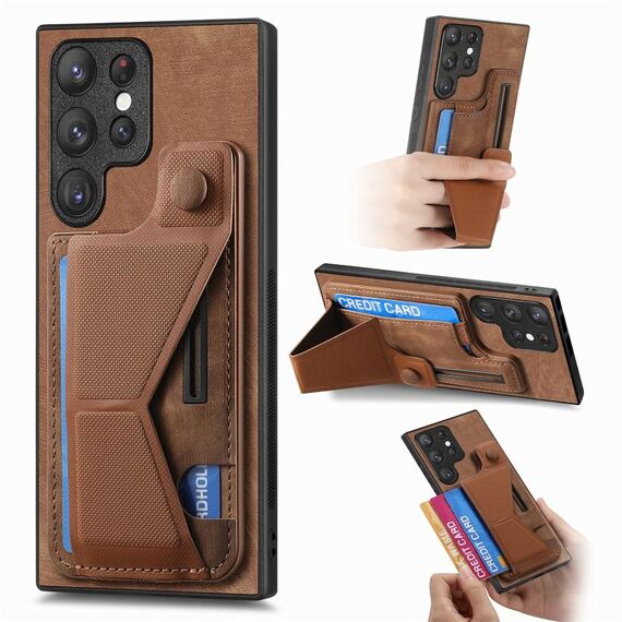 Per Samsung Galaxy S22 Ultra 5G II Custodia per telefono con slot per scheda con supporto scorrevole a forma di K (marrone)