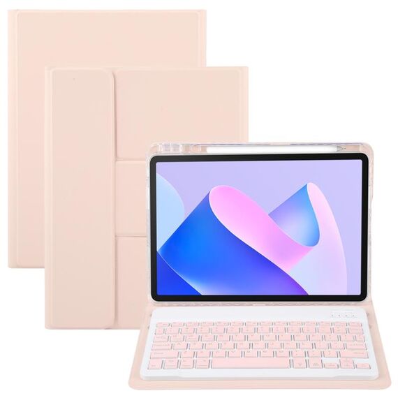 Custodia in pelle con supporto girevole per tastiera Bluetooth retroilluminata con pulsanti quadrati per Huawei MatePad 11 2023/2021 (oro rosa)