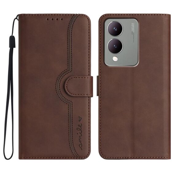 Custodia in pelle per vivo Y17s 4G Global/Y28 5G India con motivo a cuore Skin Feel (marrone)