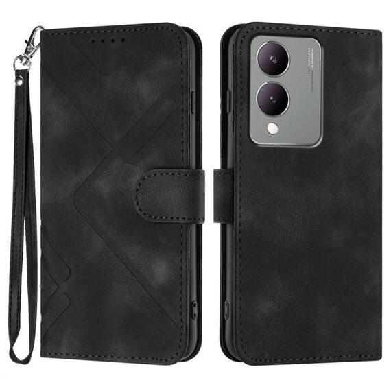 Custodia in pelle per vivo Y17s 4G Global/Y28 5G India Line Pattern Skin Feel (nero)